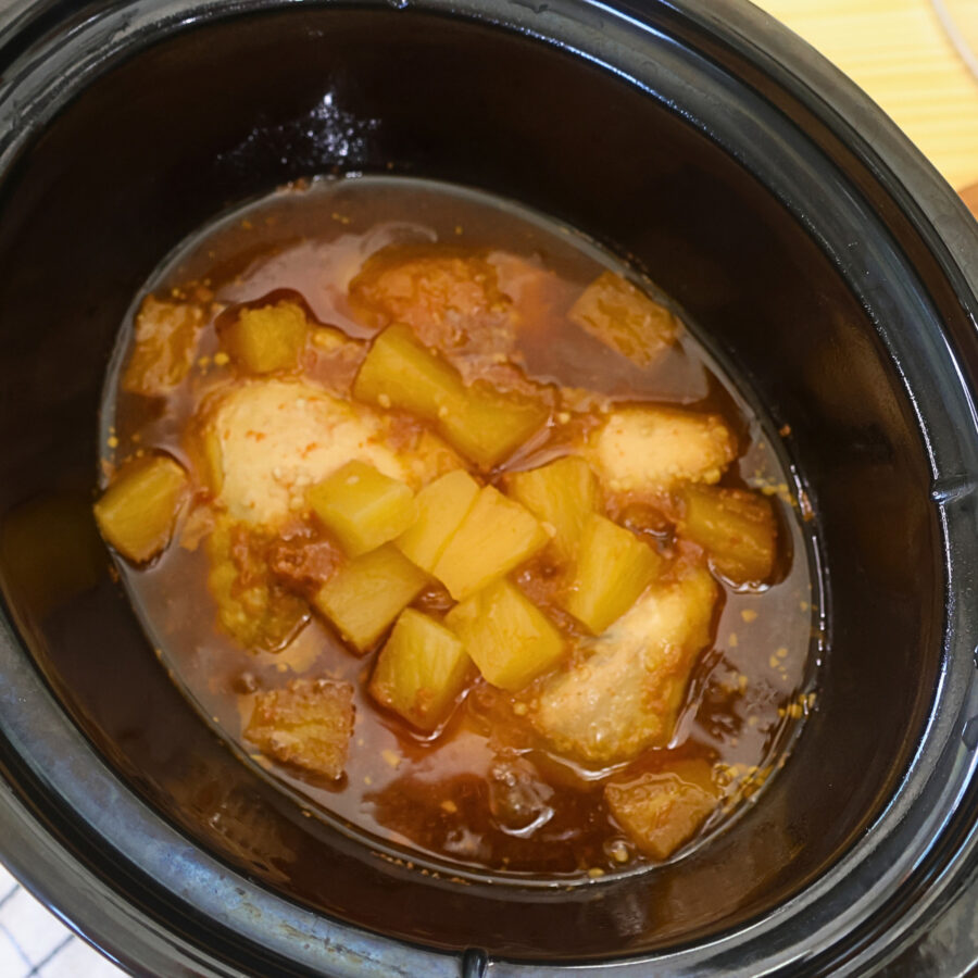 Cooked Slow Cooker Hawaiian Chicken in a slow cooker