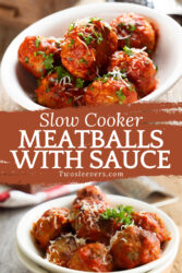 Slow Cooker Meatballs with Sauce Pin with text overlay
