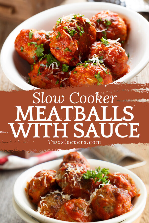 Slow Cooker Meatballs with Sauce Pin with text overlay