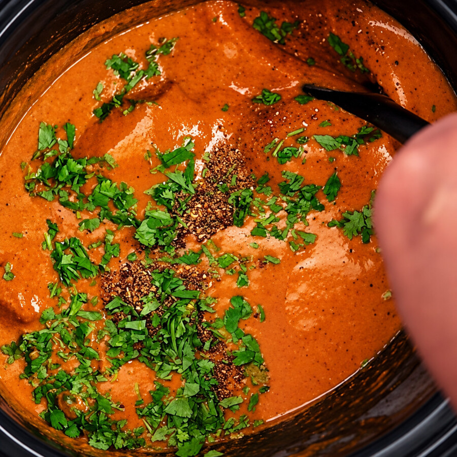 Slow Cooker Butter chicken garnished with cilantro