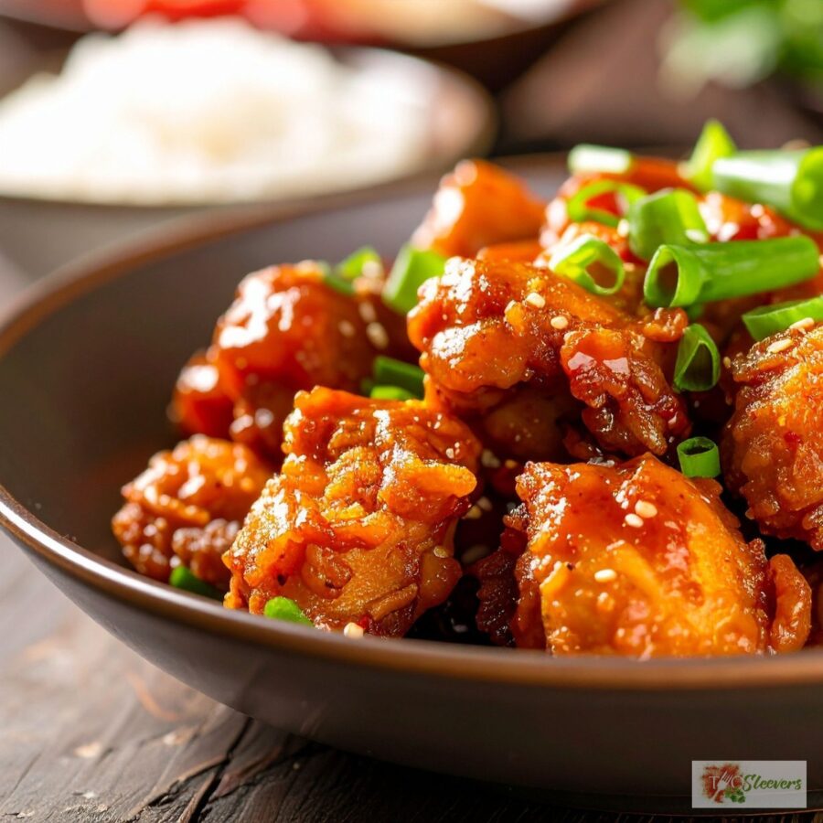 Close up image of one pan sweet chili chicken in a bowl with green onion for garnish