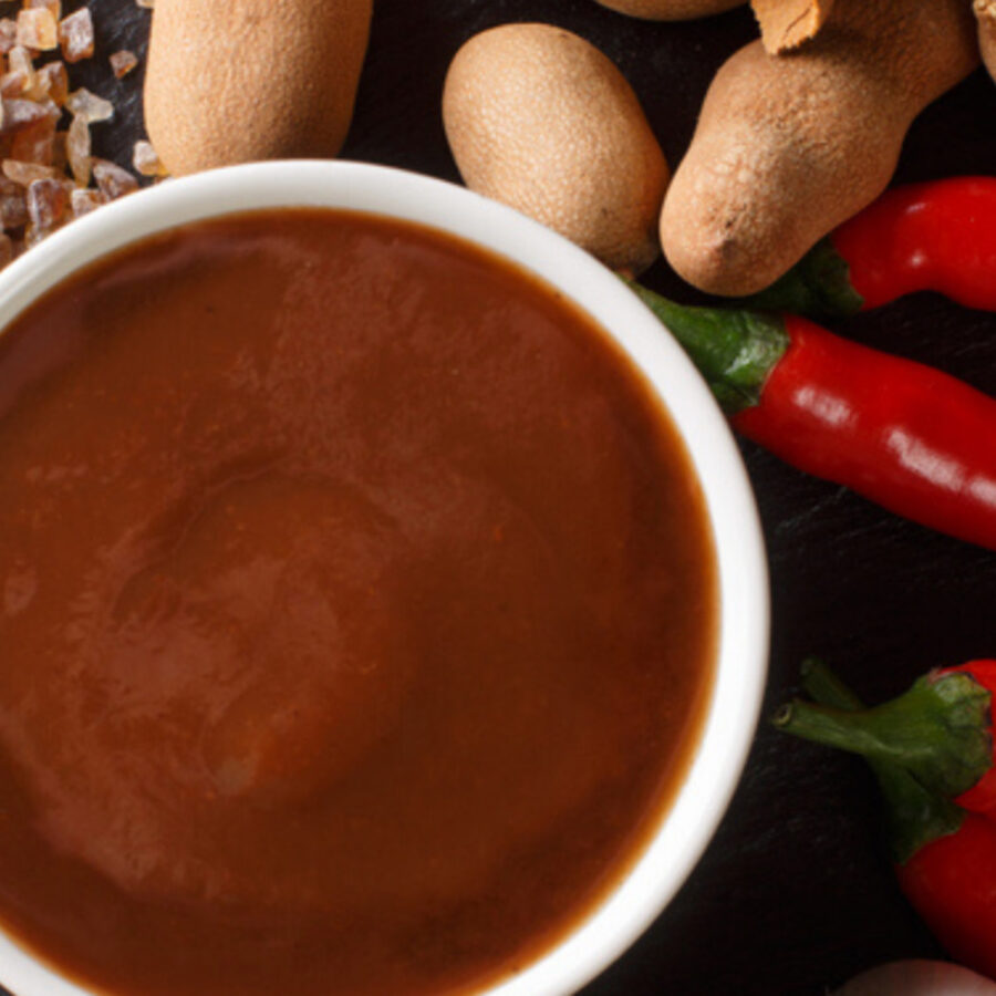 Overhead image of tamarind chutney in a white bowl