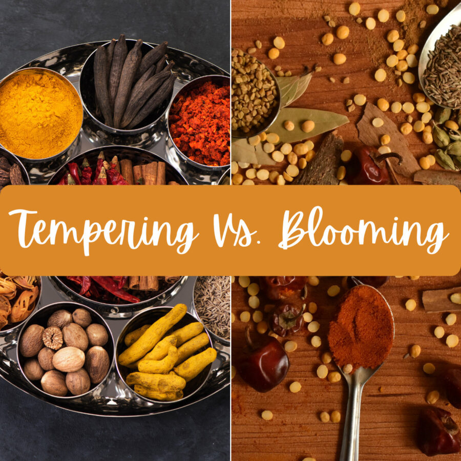 Two part grid of an assortment of spices and spice blends with text overlay