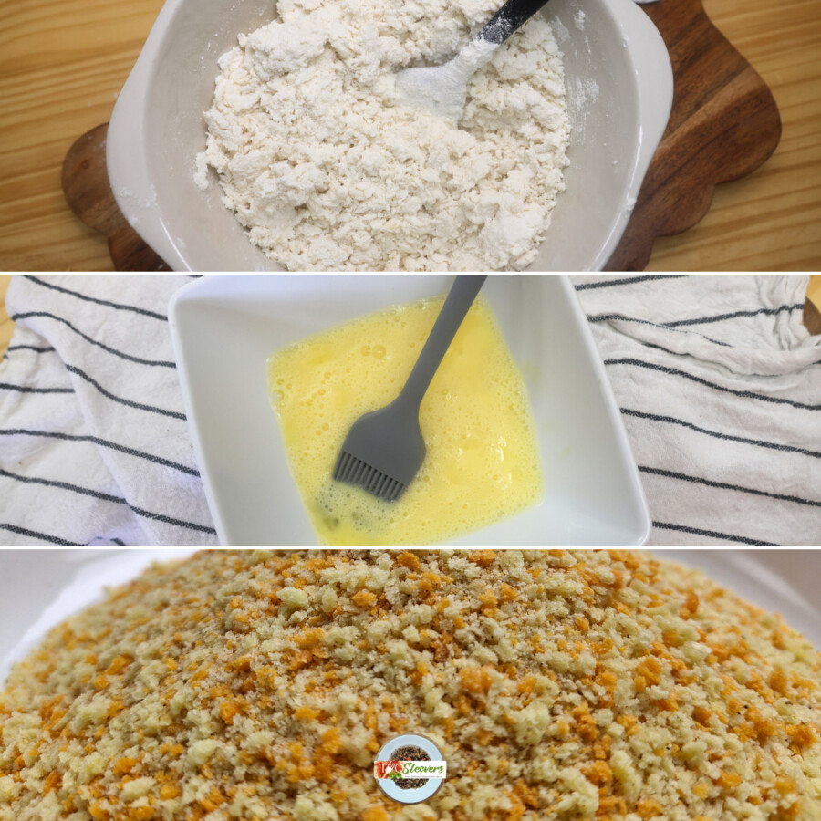 Three part image of different ingredients needed for the three part breading method