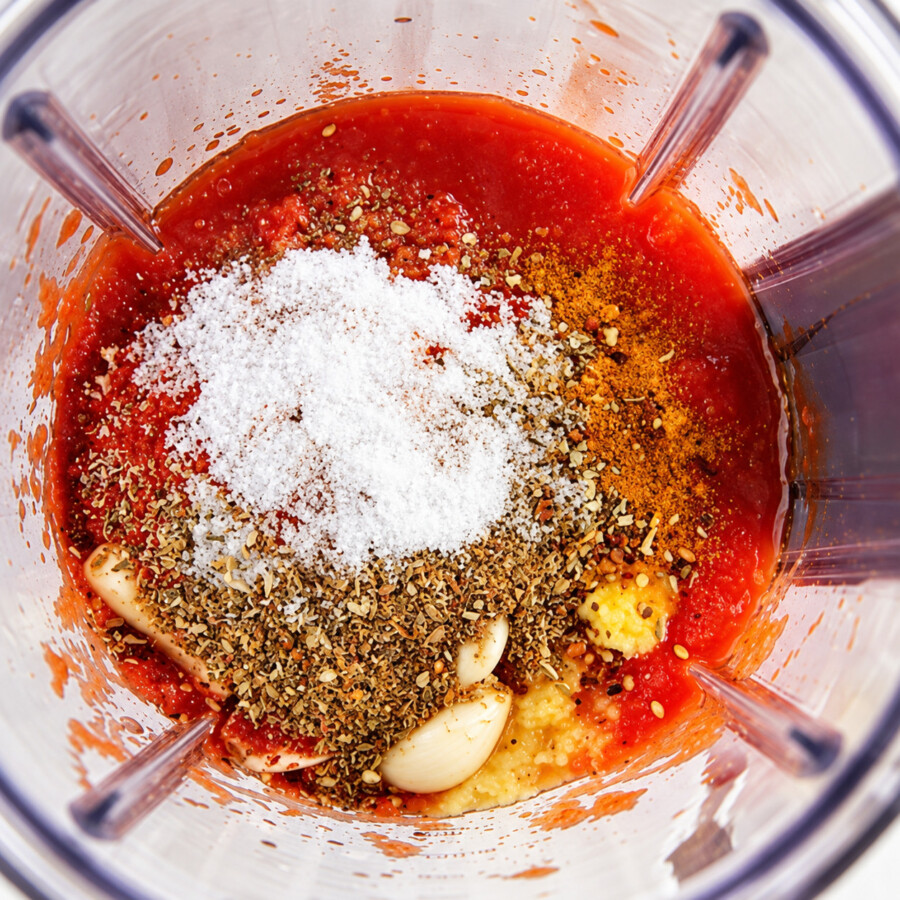Ingredients for Slow Cooker Butter Chicken sauce in a blender