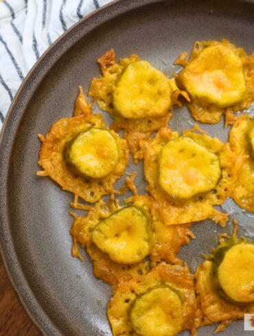 Overhead image of two ingredient fried pickles on a plate