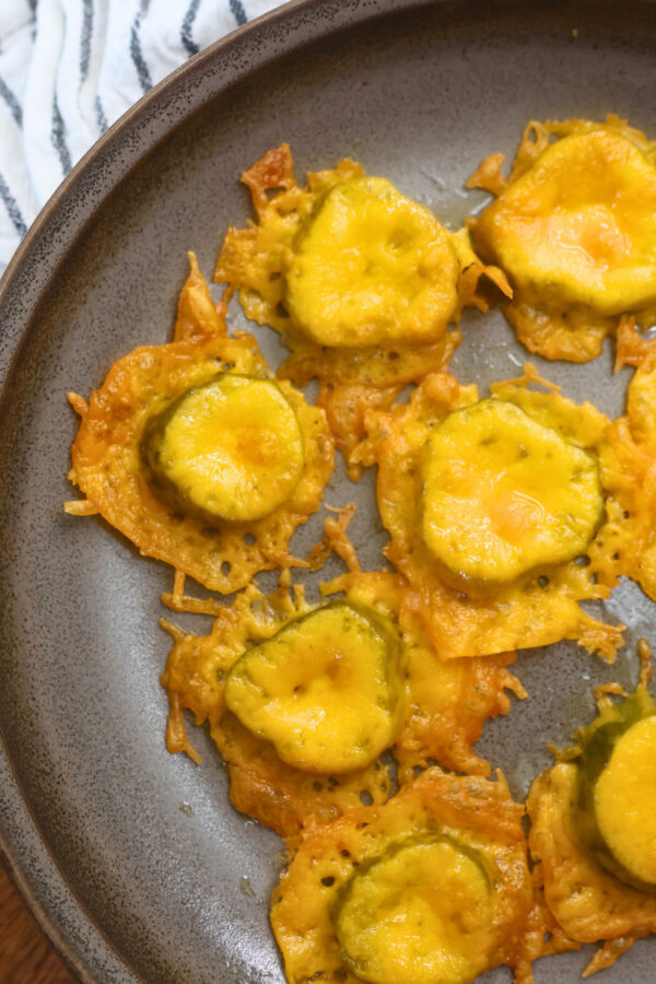 Overhead image of two ingredient fried pickles on a plate