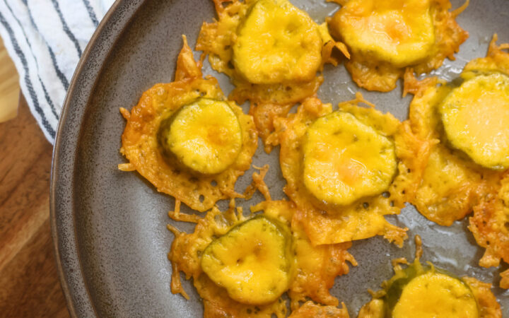 Overhead image of two ingredient fried pickles on a plate