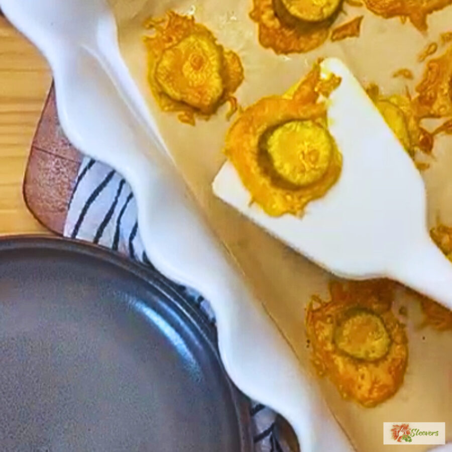 A two ingredient fried pickle on a spatula