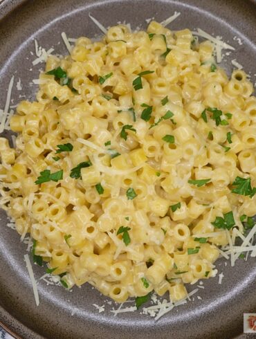 Overhead image of Viral Ditalini pasta on a plate with parmesan cheese and parsley