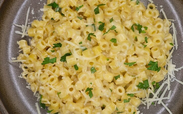 Overhead image of Viral Ditalini pasta on a plate with parmesan cheese and parsley