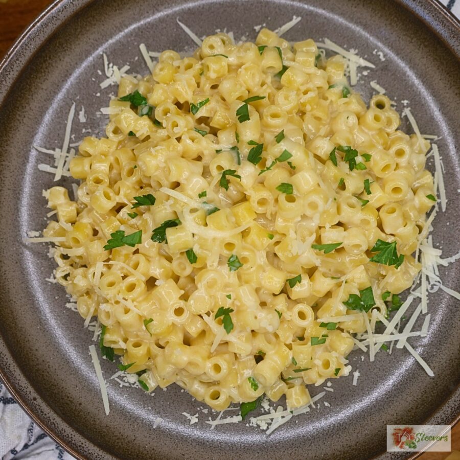 Overhead image of Viral Ditalini pasta on a plate with parmesan cheese and parsley