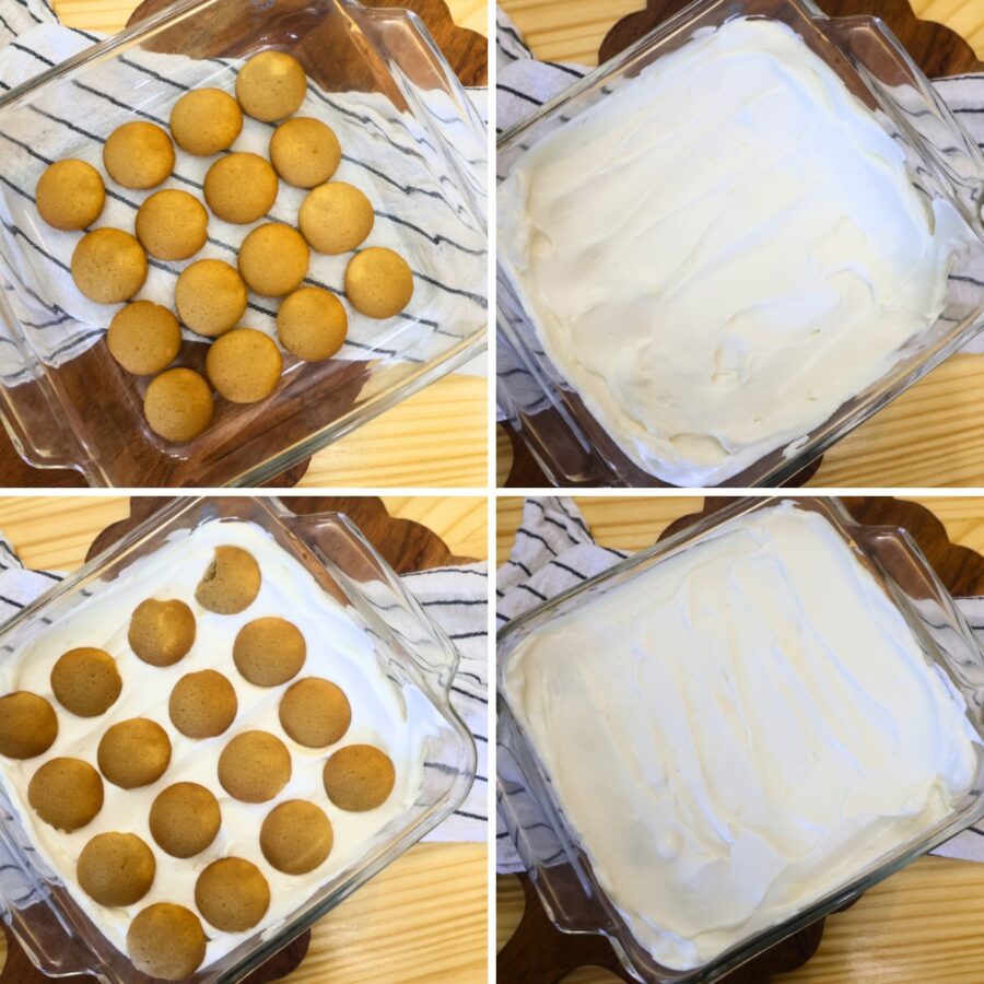 Four part grid showing how to layer yogurt tiramisu in a glass dish