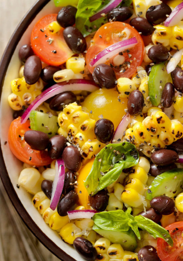 Overhead image of a black bean and corn salad