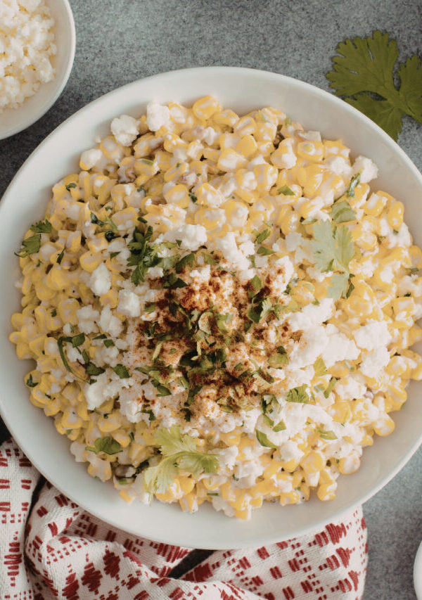 Overhead image of Mexican Street Corn Salad in a white bowl