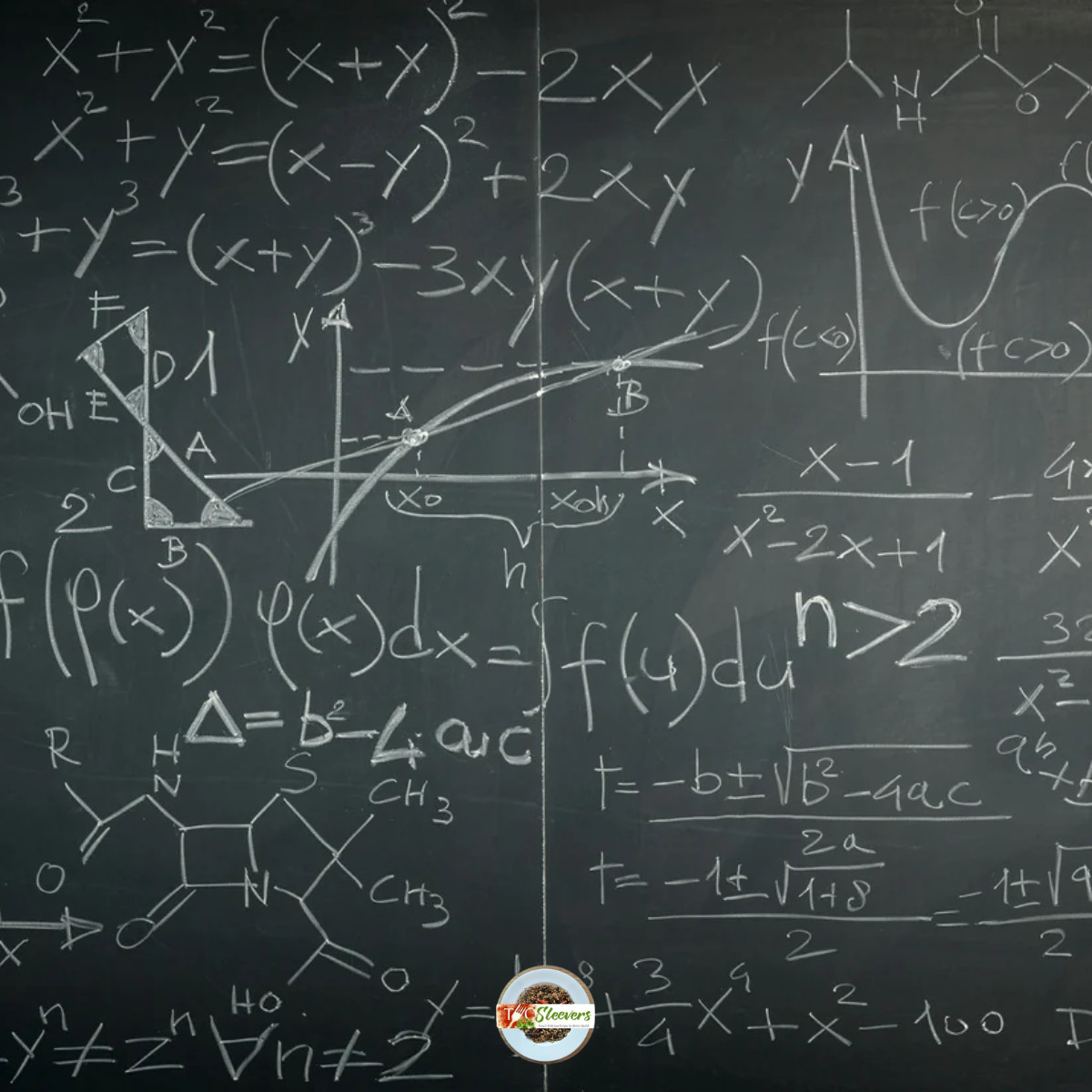 a chalkboard covered in math equations with the twosleevers logo at the bottom
